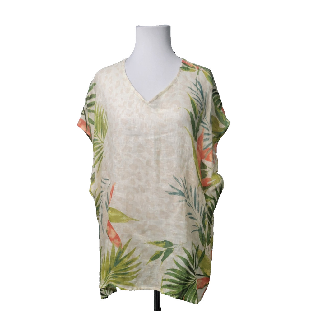 CHICO'S Colorful Fronds Poncho Pop-over TOP 100% LINEN Coastal New $99 S/M